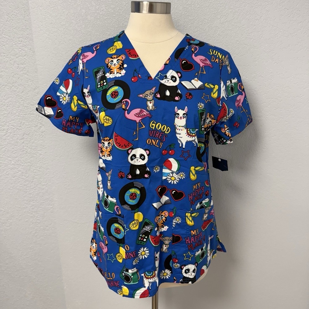 NWT Cherokee Happy Vibes Scrub Top M Panda Llama On Royal Blue Scrubs Nurse RN